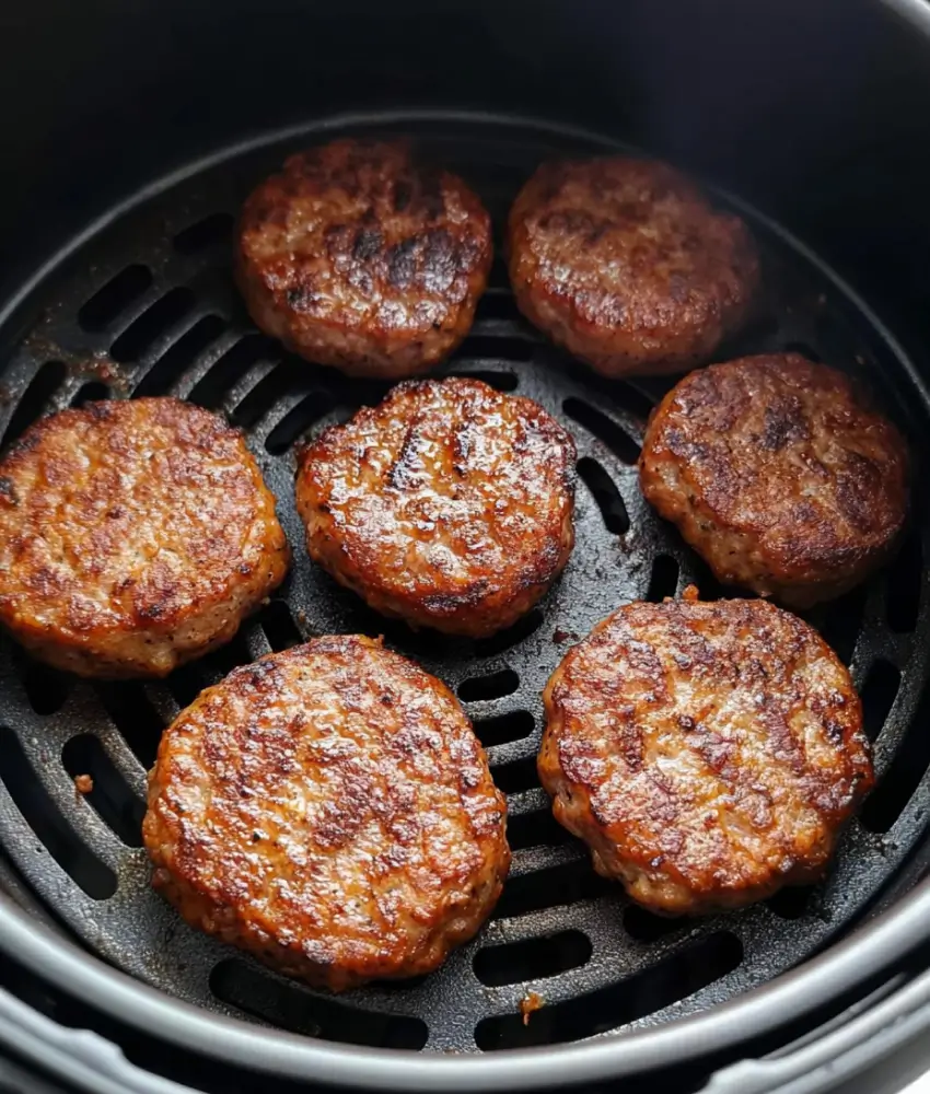 Golden-brown sausage patties evenly cooked in an air fryer basket.