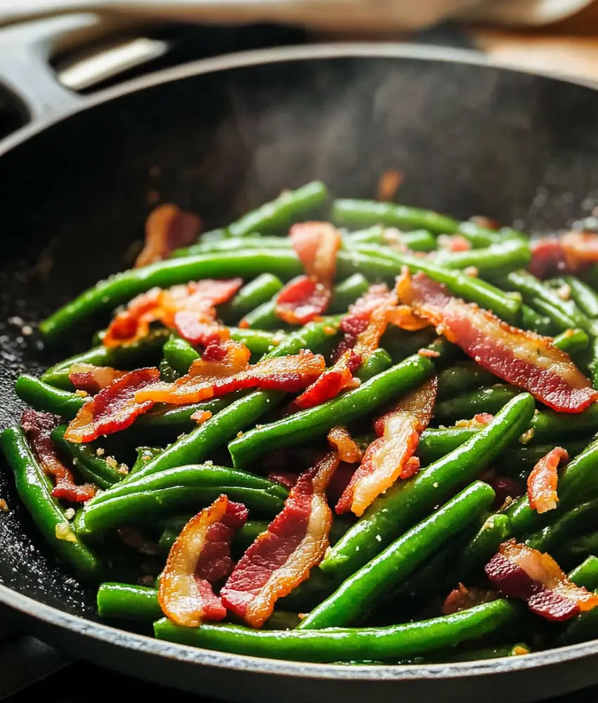 Green beans sautéed with crispy bacon strips and garlic in a cast iron skillet, with steam rising from the dish.