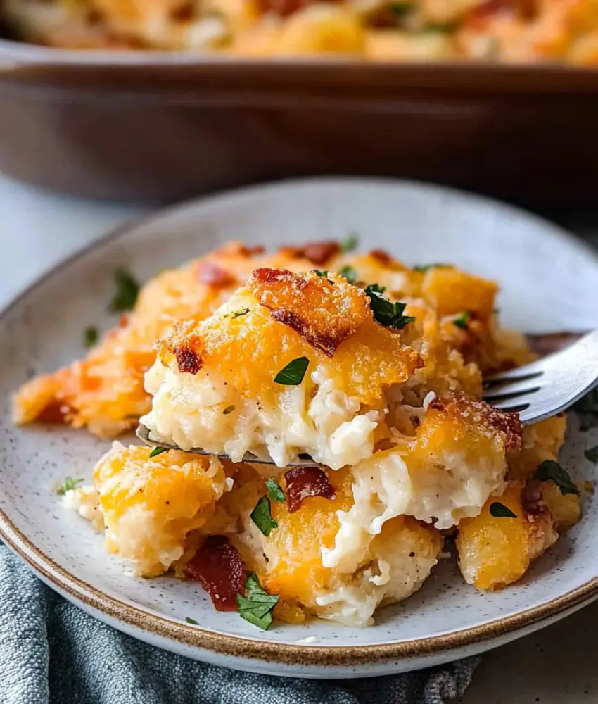 A plate of cheesy crack potatoes topped with crispy bacon bits and fresh parsley, with a fork holding a bite-sized portion.