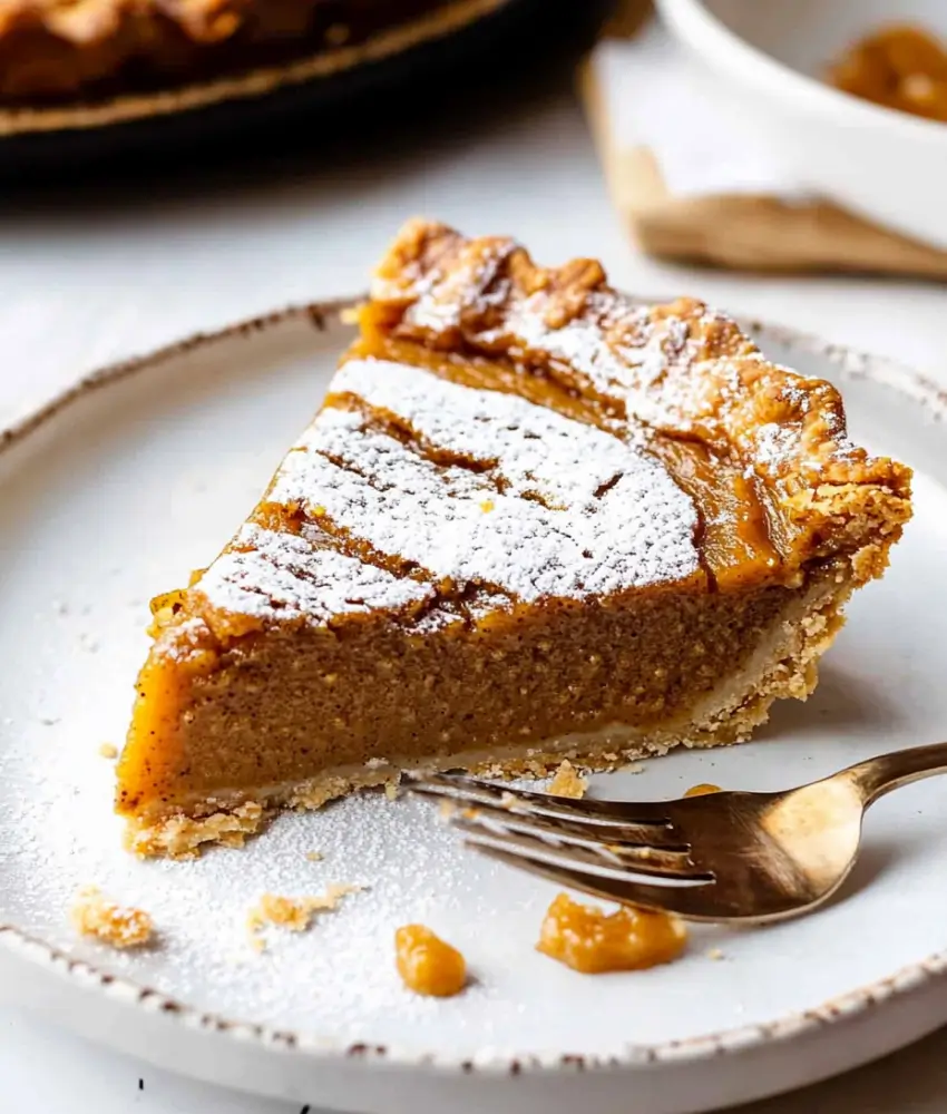 Close-up of a slice of Milk Bar pumpkin pie on a white plate, topped with powdered sugar, showing a golden, spiced filling and flaky crust.