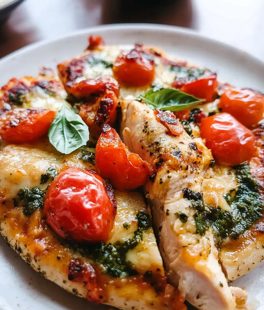 Plate of grilled chicken margherita topped with melted mozzarella, roasted cherry tomatoes, fresh basil, and pesto, sliced for serving.