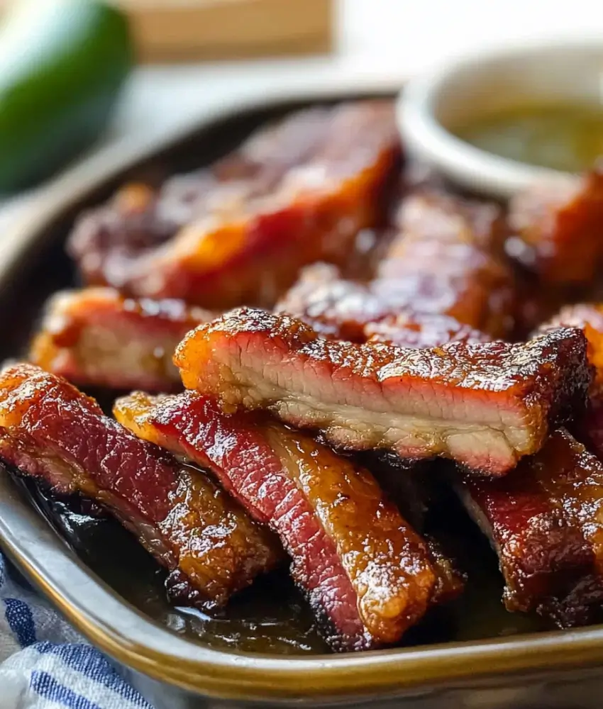 Close-up of juicy smoked brisket burnt ends with a caramelized glaze, served on a dark tray with jalapeños in the background.