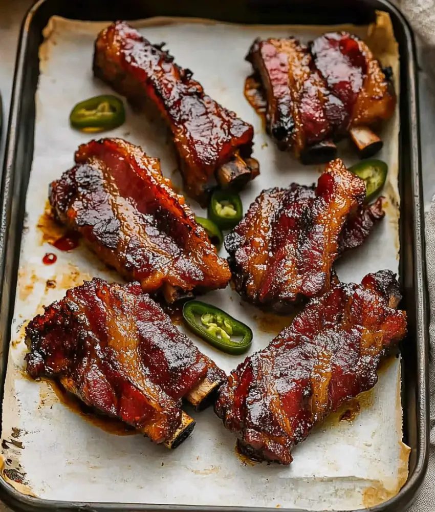 Smoked pork ribs with a caramelized bacon glaze on a parchment-lined tray, garnished with fresh jalapeño slices.