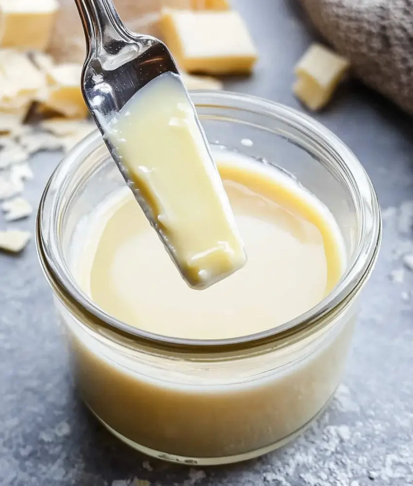 A fork coated in creamy white chocolate syrup held over a glass jar filled with syrup, with pieces of white chocolate in the background.