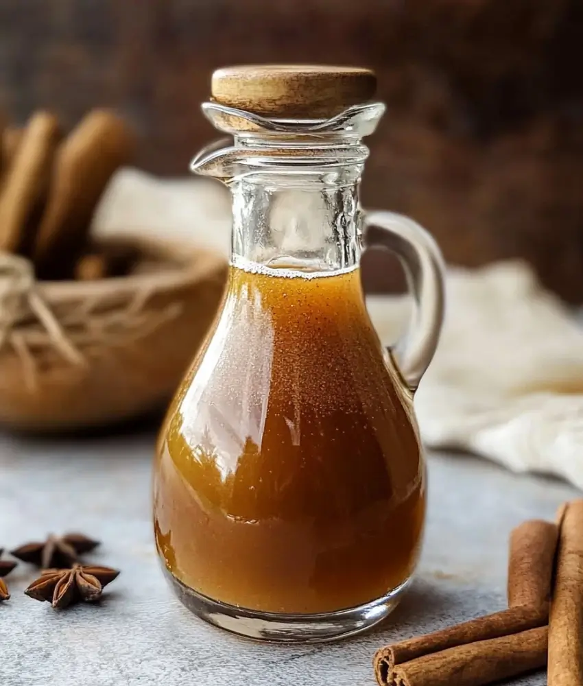 A clear glass pitcher with a wooden lid filled with spiced cinnamon syrup, surrounded by cinnamon sticks, star anise, and rustic decor in the background.