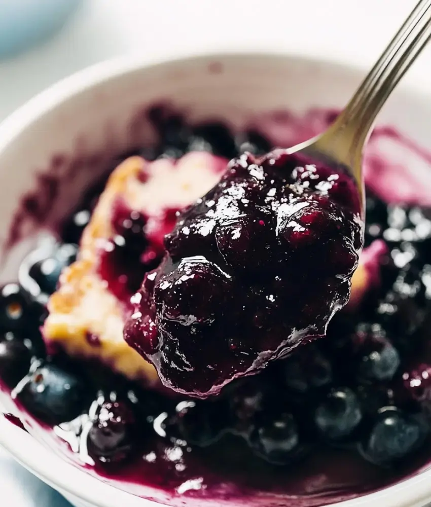 A close-up of a spoonful of homemade blueberry sauce with whole blueberries and syrup, served over a piece of dessert.