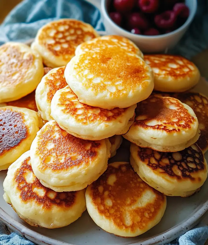 A stack of golden mini pancakes served on a plate with fresh cherries in the background.