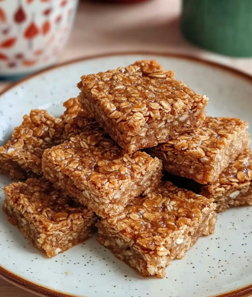 A stack of golden, chewy buttery flapjacks with a shiny glaze served on a speckled ceramic plate, with a colorful background.