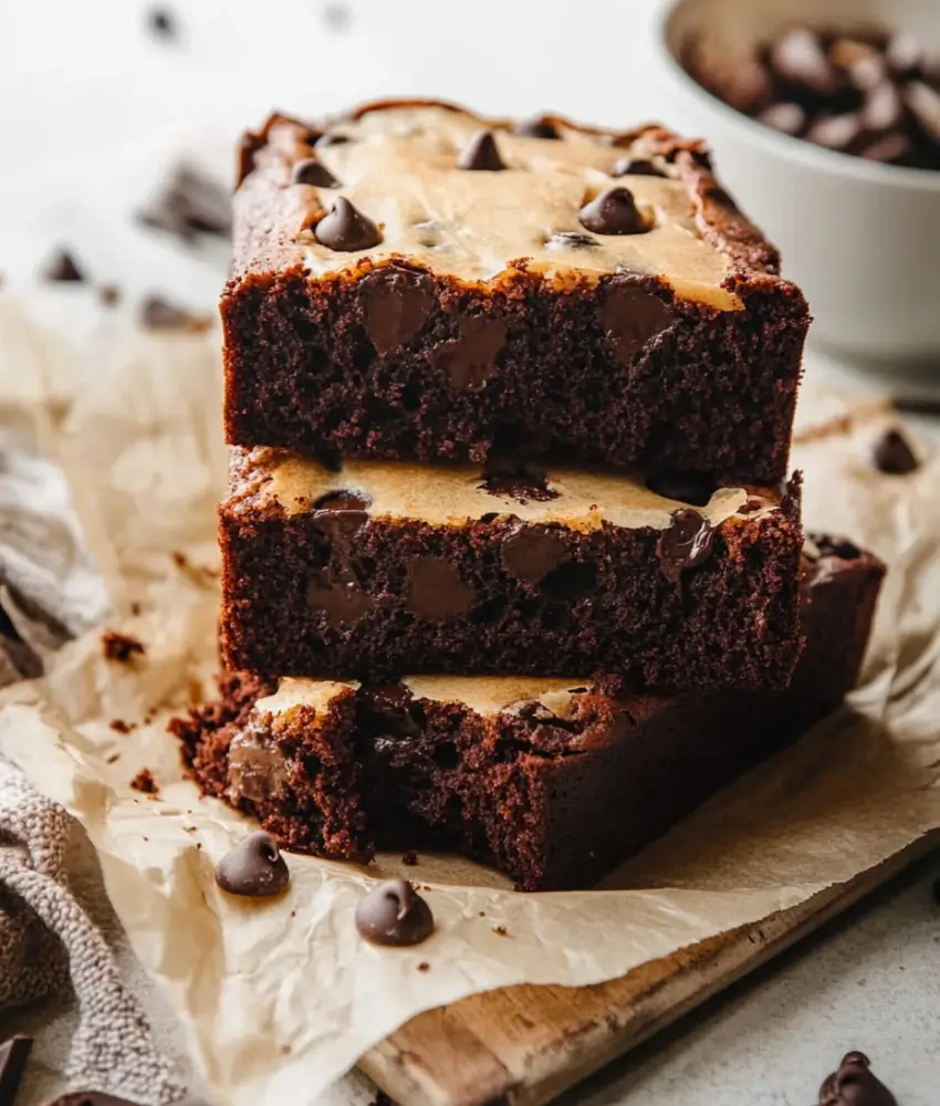 Three slices of rich chocolate chip loaf stacked on parchment paper, featuring a moist texture, gooey chocolate chips, and a golden crust.