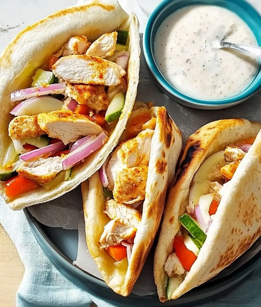 A stack of grilled chicken pitas filled with seasoned chicken, tomatoes, and cucumbers, highlighting charred pita bread.