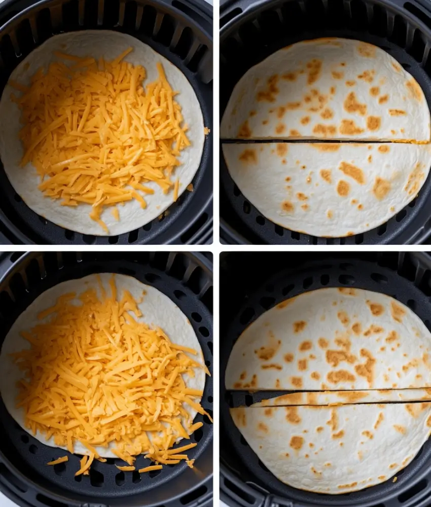 Step-by-step process of making an air fryer quesadilla, showing shredded cheese on a tortilla, toasted tortillas, and the final sliced quesadilla.