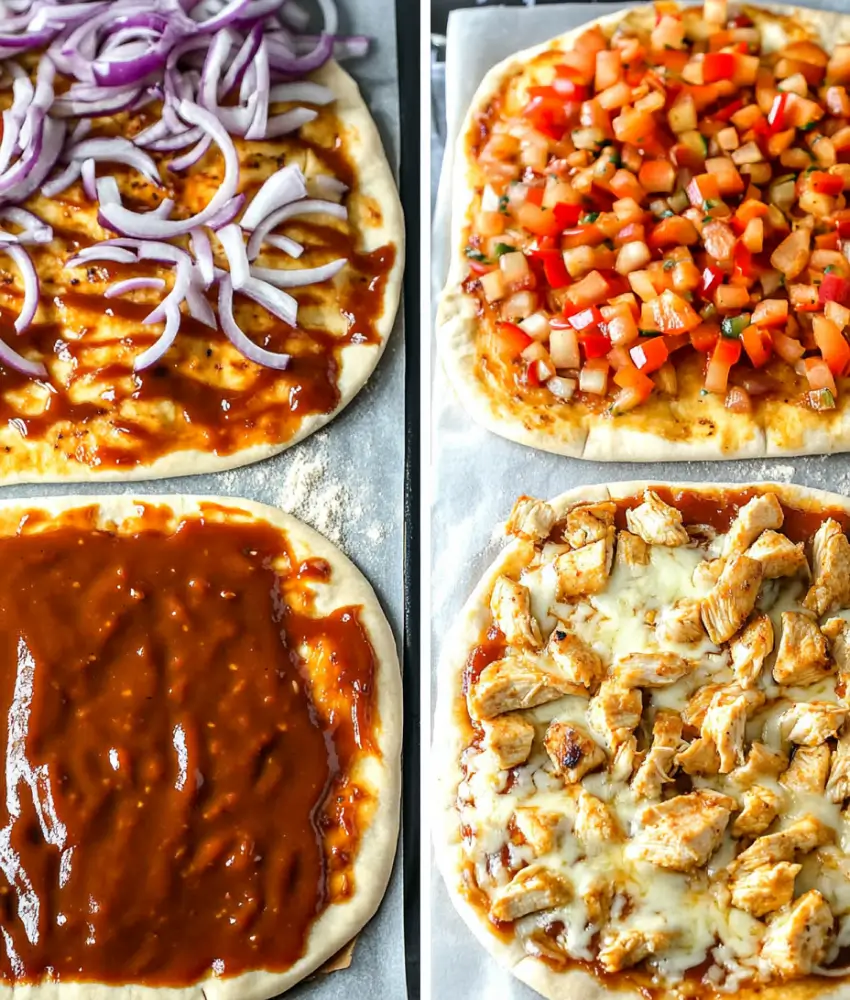 Four flatbreads in preparation stages: barbecue sauce, red onions, fresh tomato salsa, and cooked chicken with melted cheese.