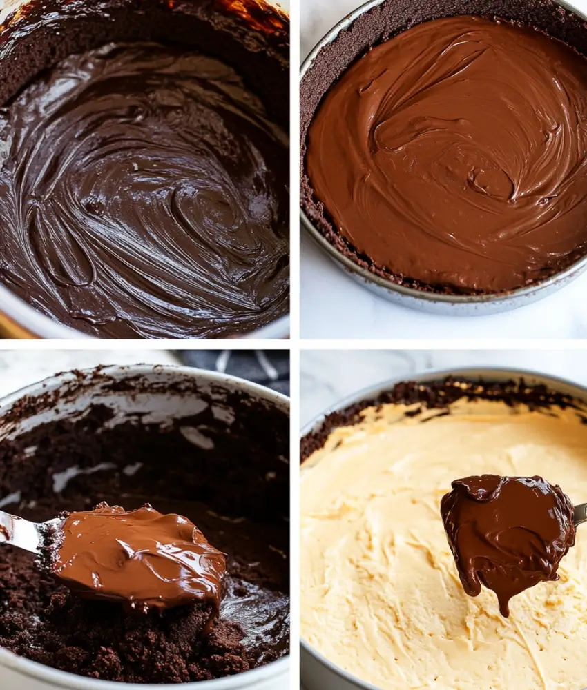 Four steps of making a brownie cheesecake: creating a chocolate crust, adding a ganache layer, spreading cheesecake filling, and topping with melted chocolate.