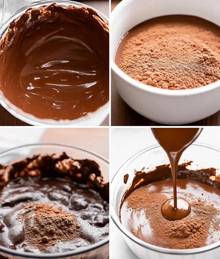 A four-image collage showing the preparation of chocolate cobbler, including melted chocolate, cocoa powder being added, and the batter being mixed.