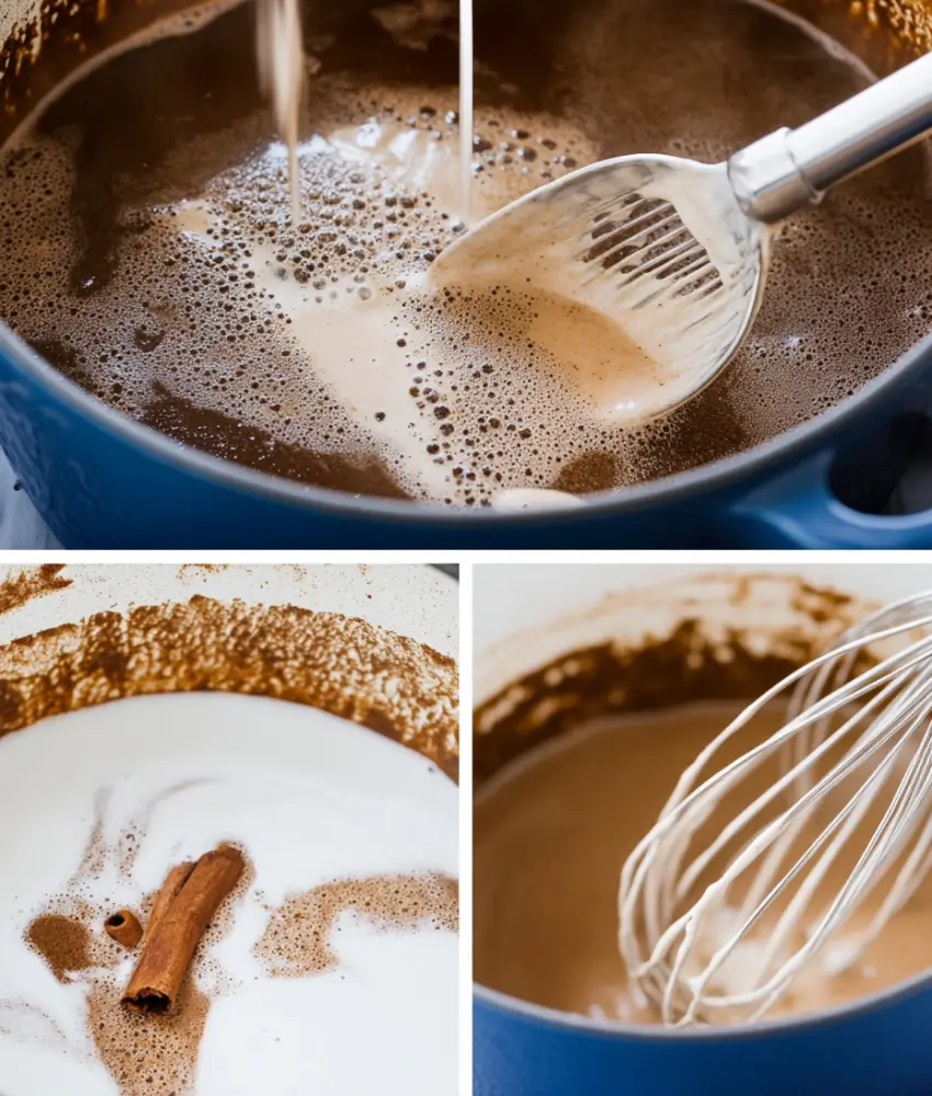 A collage showing the process of making cinnamon syrup: boiling ingredients in a blue pot, mixing with a whisk, and incorporating cinnamon sticks and creamy textures.