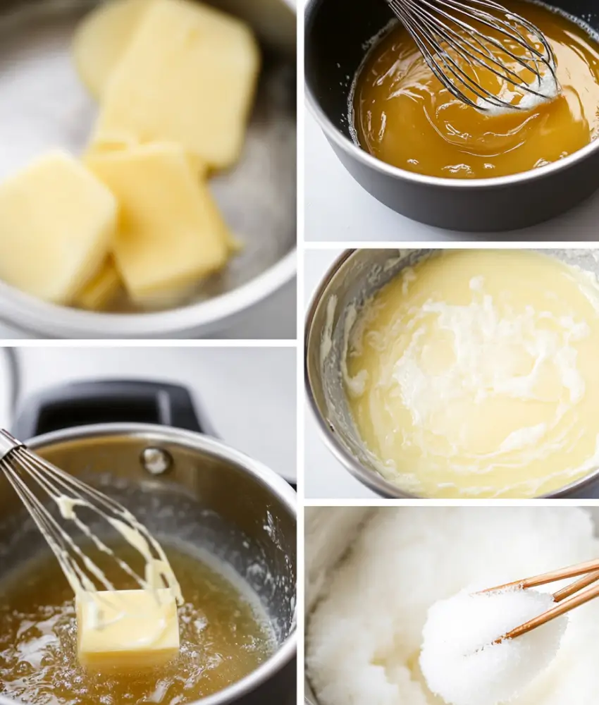 A collage showing the step-by-step process of making coconut syrup, including melting butter, mixing ingredients in a saucepan, and stirring with a whisk.