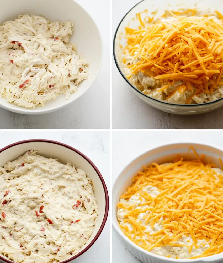 Four-step process of making crack chicken dip: shredded chicken with cream cheese, mixing in cheddar, spreading in a baking dish, and topping with shredded cheese before baking.