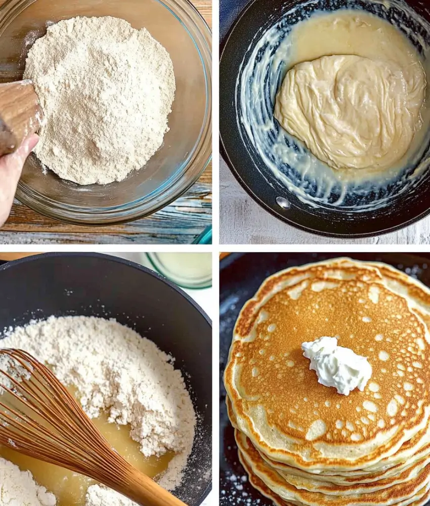 A step-by-step collage showing the process of making buttermilk pancakes: mixing dry ingredients, batter preparation, cooking in a skillet, and the final stack of golden pancakes topped with whipped cream.