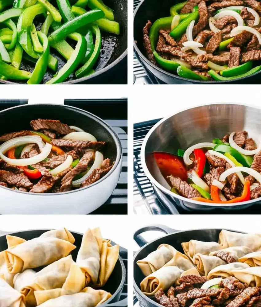 Step-by-step collage showing the process of making Philly cheesesteak egg rolls: sautéing green peppers and onions, cooking beef slices, mixing ingredients, and wrapping them in egg roll wrappers.