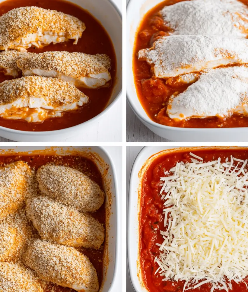 Four-step process of making chicken parmesan, including breaded chicken in marinara sauce, topped with Parmesan and mozzarella cheese, shown in a casserole dish.