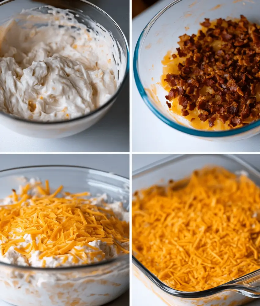 A collage of four images showing the preparation process for potatoes: creamy mixture in a bowl, bacon bits added, shredded cheese topping, and the casserole ready to bake.