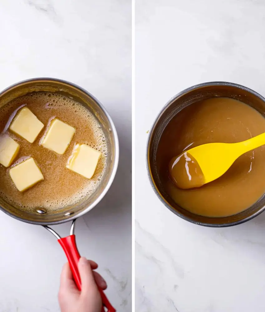 Two-part image showing butter melting in a saucepan with a red handle on the left, and a smooth caramel mixture stirred with a yellow spatula on the right.