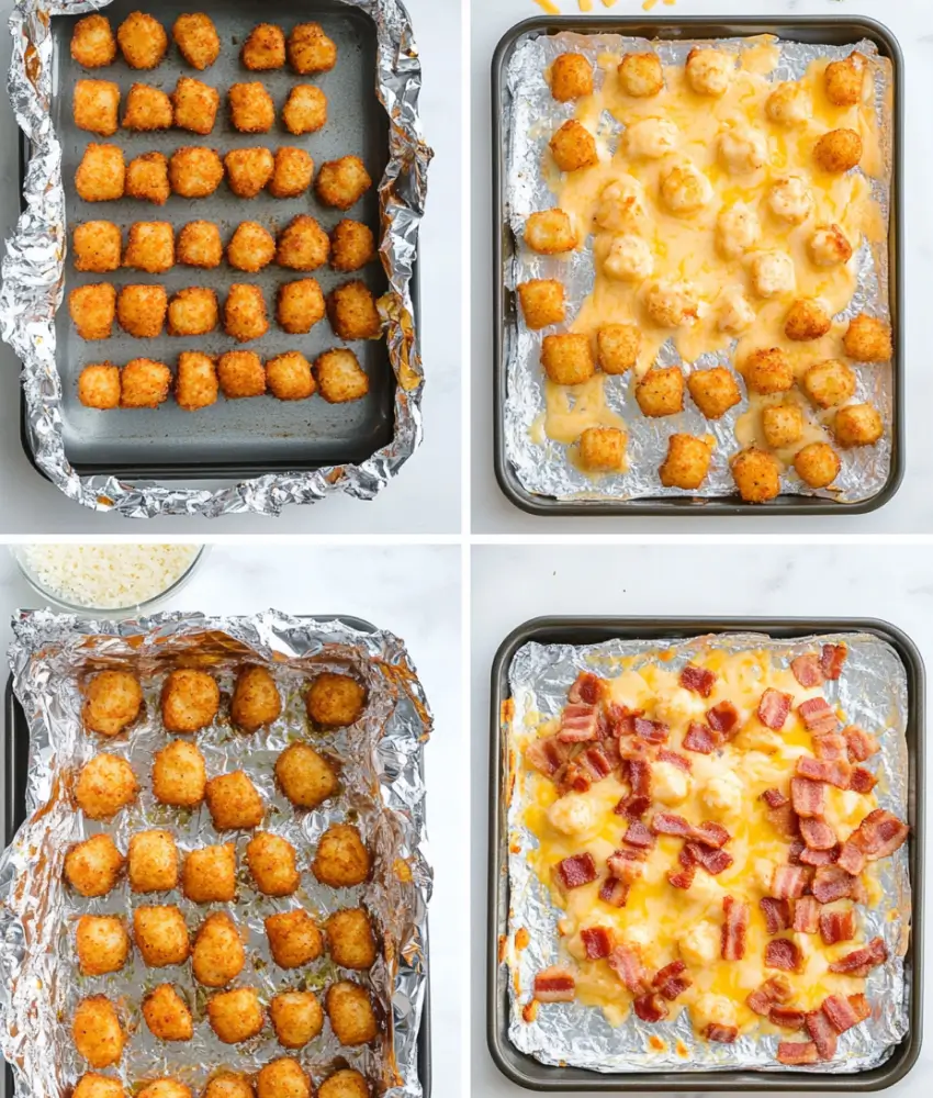 Four-panel image showing tater tots being baked, topped with cheese, and garnished with bacon.