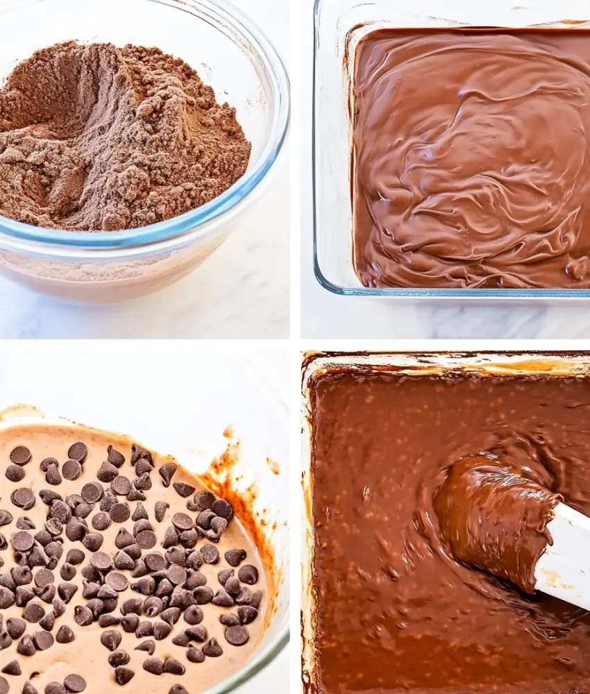 Collage showing the process of making chocolate chip bread, including dry ingredients, melted chocolate, batter with chocolate chips, and batter ready in a baking dish.