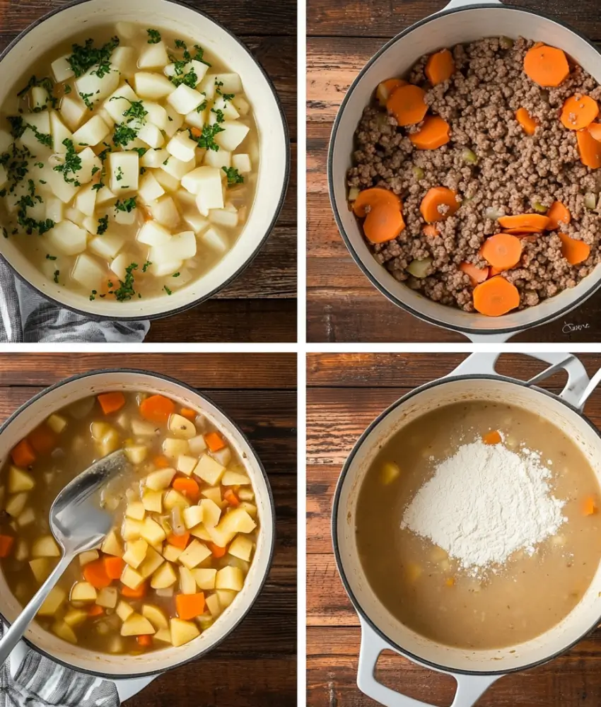 Four steps of cooking hamburger potato soup: diced potatoes with parsley, sautéed ground beef with carrots, simmering vegetables in broth, and flour added to thicken the soup.