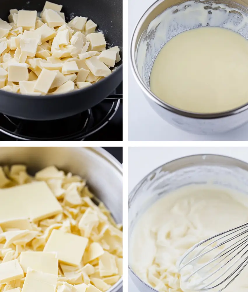 A four-step collage showing the process of melting white chocolate, including chopped pieces in a pan, melted chocolate in a bowl, and whisked smooth chocolate.