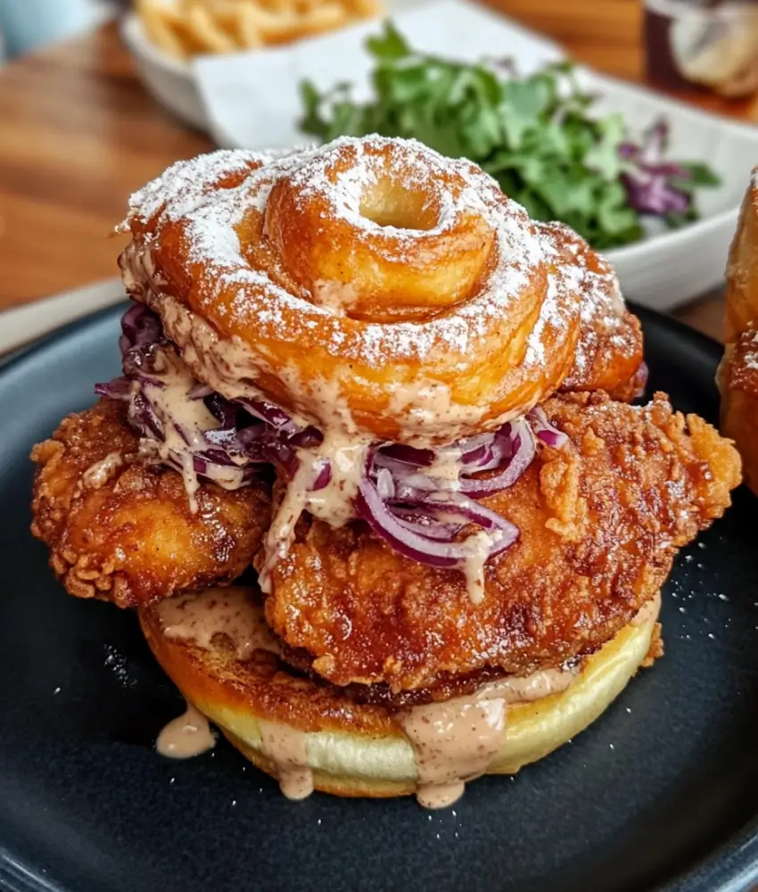 A fried chicken sandwich with crispy chicken, creamy sauce, shredded purple cabbage, and powdered sugar-topped cinnamon roll buns on a dark plate.