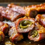 Close-up of Texas-style brisket and bacon-wrapped jalapeños with a glazed, caramelized finish on a baking sheet.