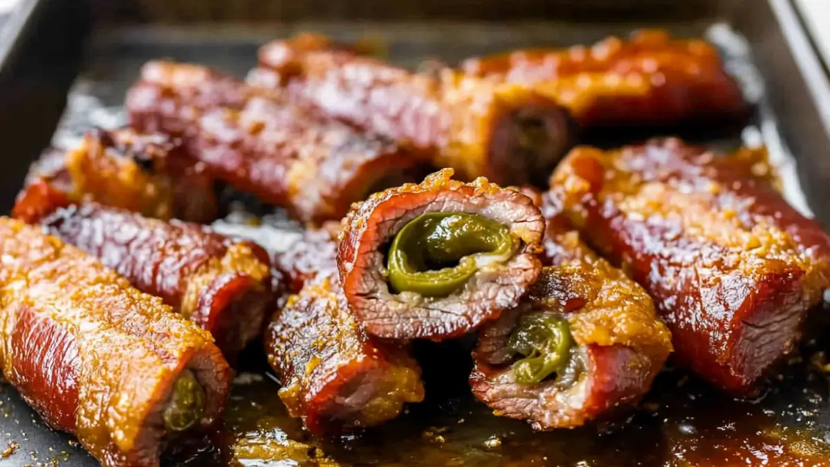 Close-up of Texas-style brisket and bacon-wrapped jalapeños with a glazed, caramelized finish on a baking sheet.