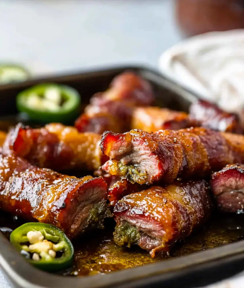 Crispy bacon-wrapped brisket bites stuffed with jalapeños, glazed and served on a baking tray with fresh jalapeño slices.