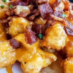 Pile of golden tater tots with melted cheese, crispy bacon, and chives on a plate.