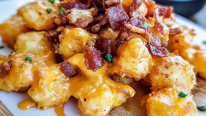 Pile of golden tater tots with melted cheese, crispy bacon, and chives on a plate.