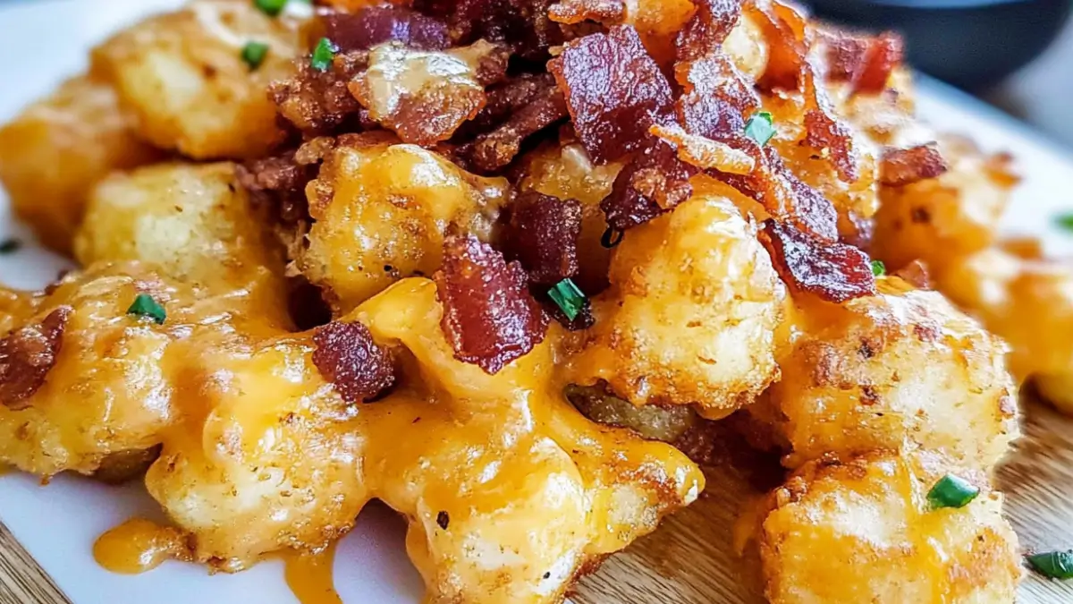 Pile of golden tater tots with melted cheese, crispy bacon, and chives on a plate.