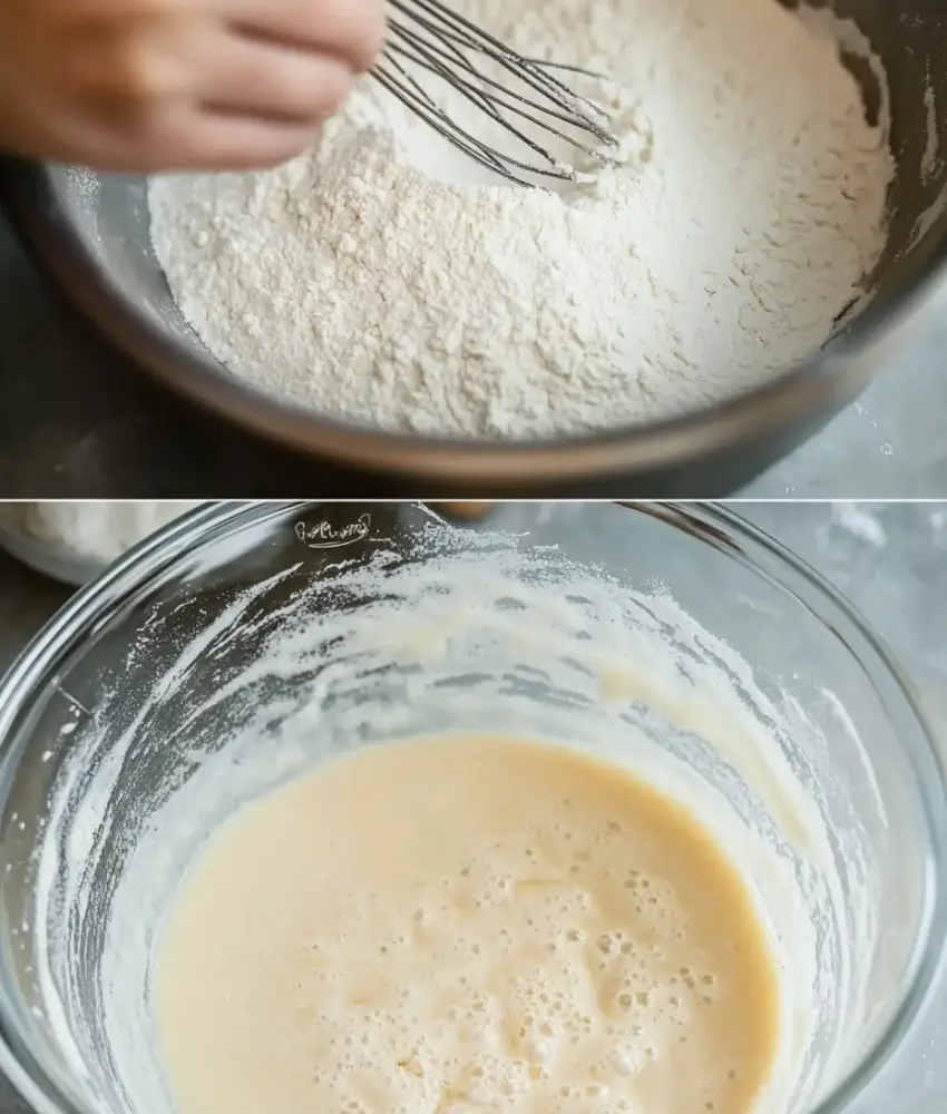 A glass bowl with pancake batter being whisked, showing a smooth mixture ready for cooking.