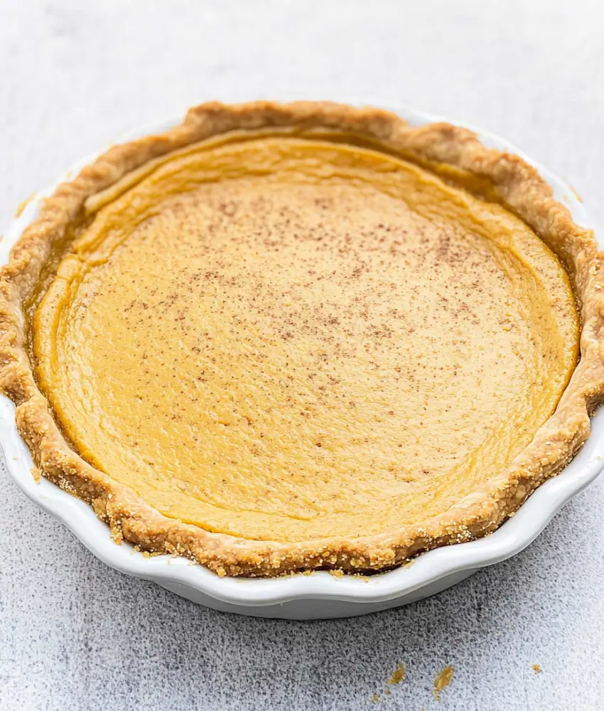 Whole Milk Bar pumpkin pie in a white pie dish, featuring a golden, creamy pumpkin filling with a sprinkle of spices on top