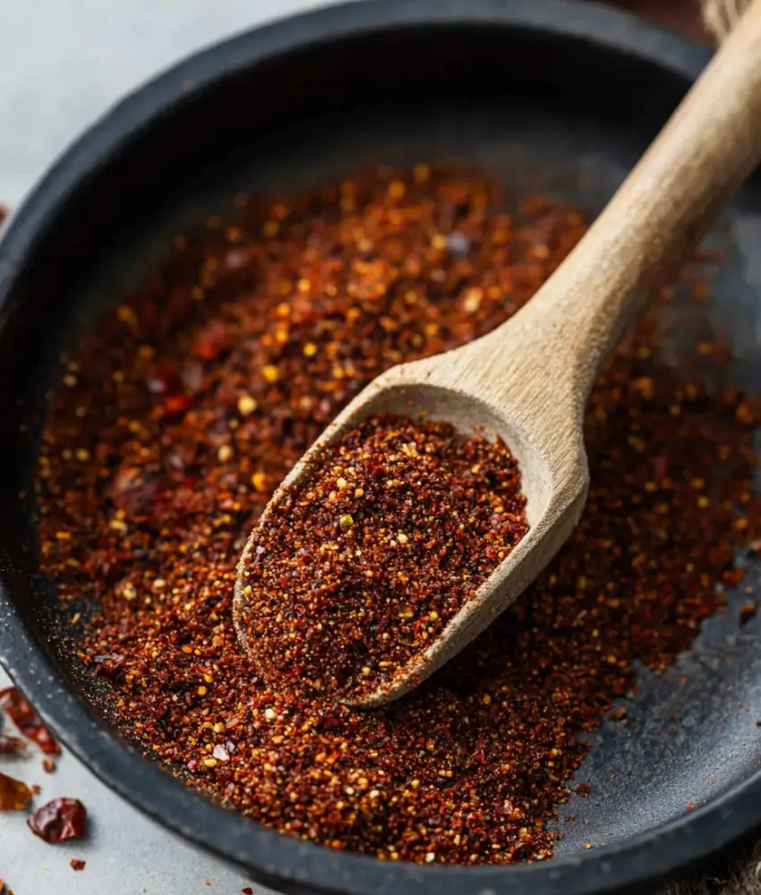 A ceramic bowl filled with chipotle seasoning mix, with a black spoon scooping the smoky spice blend, placed on a light surface with a patterned cloth.