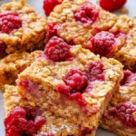 Close-up of homemade raspberry flapjacks with oats, cut into squares and topped with fresh raspberries.