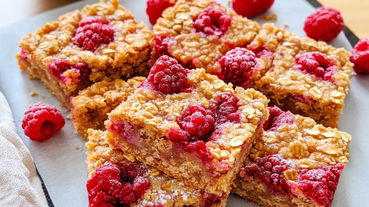 Close-up of homemade raspberry flapjacks with oats, cut into squares and topped with fresh raspberries.