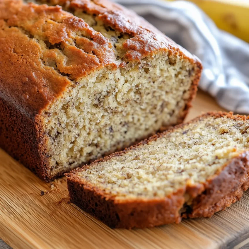 A freshly baked banana bread loaf with a golden crust and soft interior, placed on a wooden cutting board