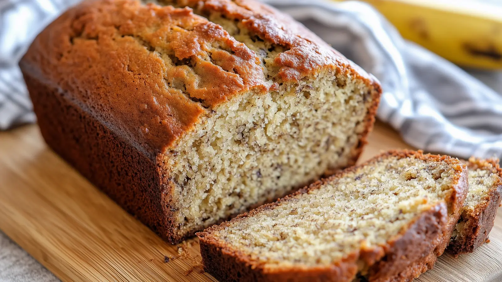 A freshly baked loaf of 3-ingredient banana bread with a golden crust and soft interior, placed on a wooden cutting board.