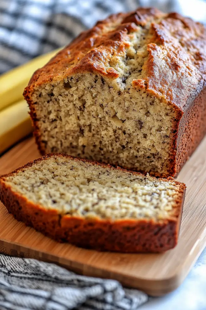 A freshly baked banana bread loaf with a golden crust and soft interior, with a slice cut and placed on a wooden cutting board.