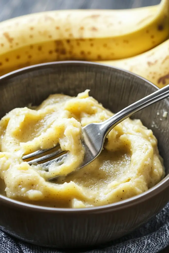 A bowl of mashed bananas with a fork, with ripe bananas in the background, perfect for baking or cooking.