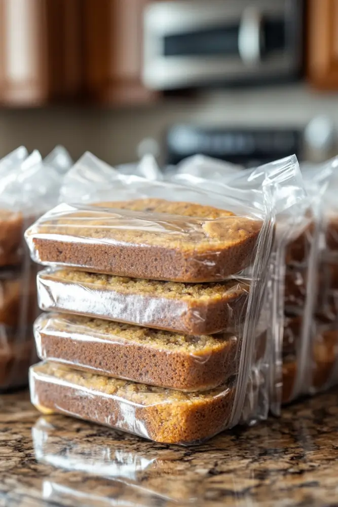 Stacks of individually wrapped banana bread slices on a kitchen counter, ready for storage or sale.