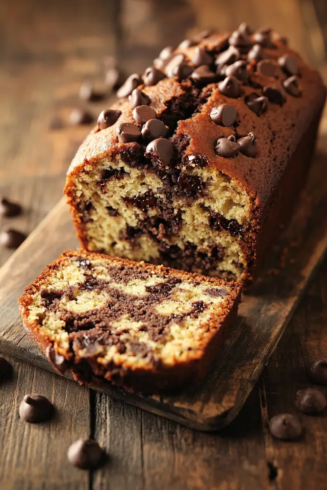  A freshly baked chocolate chip banana bread loaf with a marbled texture, topped with chocolate chips, on a wooden board.