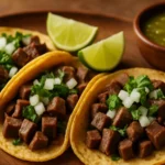 Three tacos de lengua topped with chopped onions and cilantro, served with lime wedges and green salsa on a wooden plate