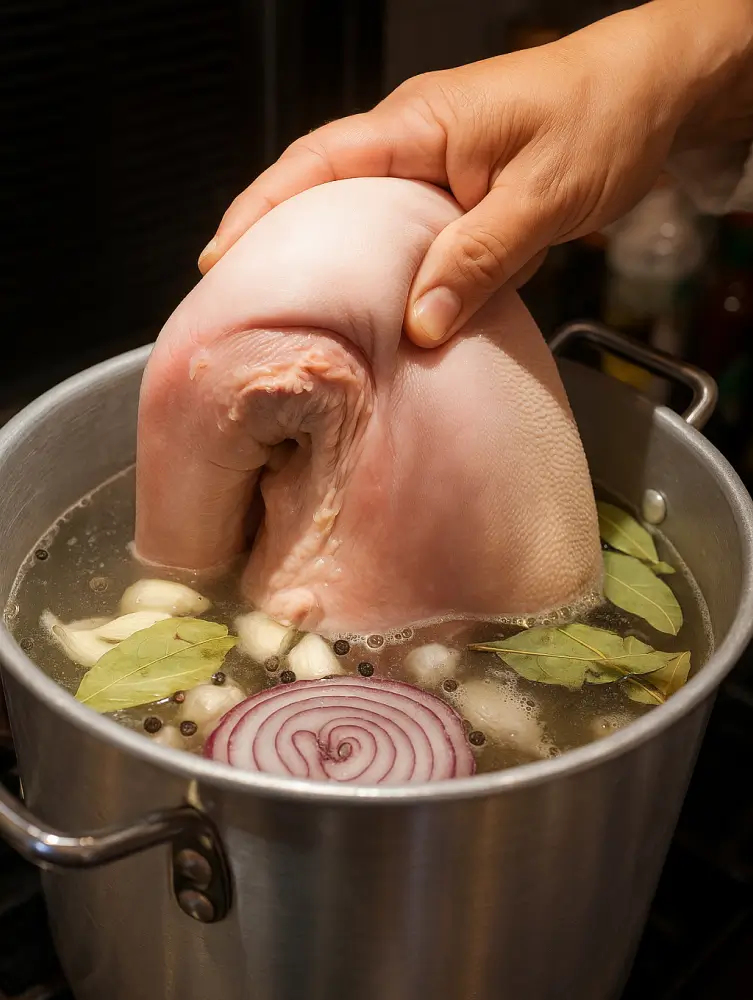 A hand places a raw beef tongue into a pot of water with bay leaves, onion, garlic, and peppercorns